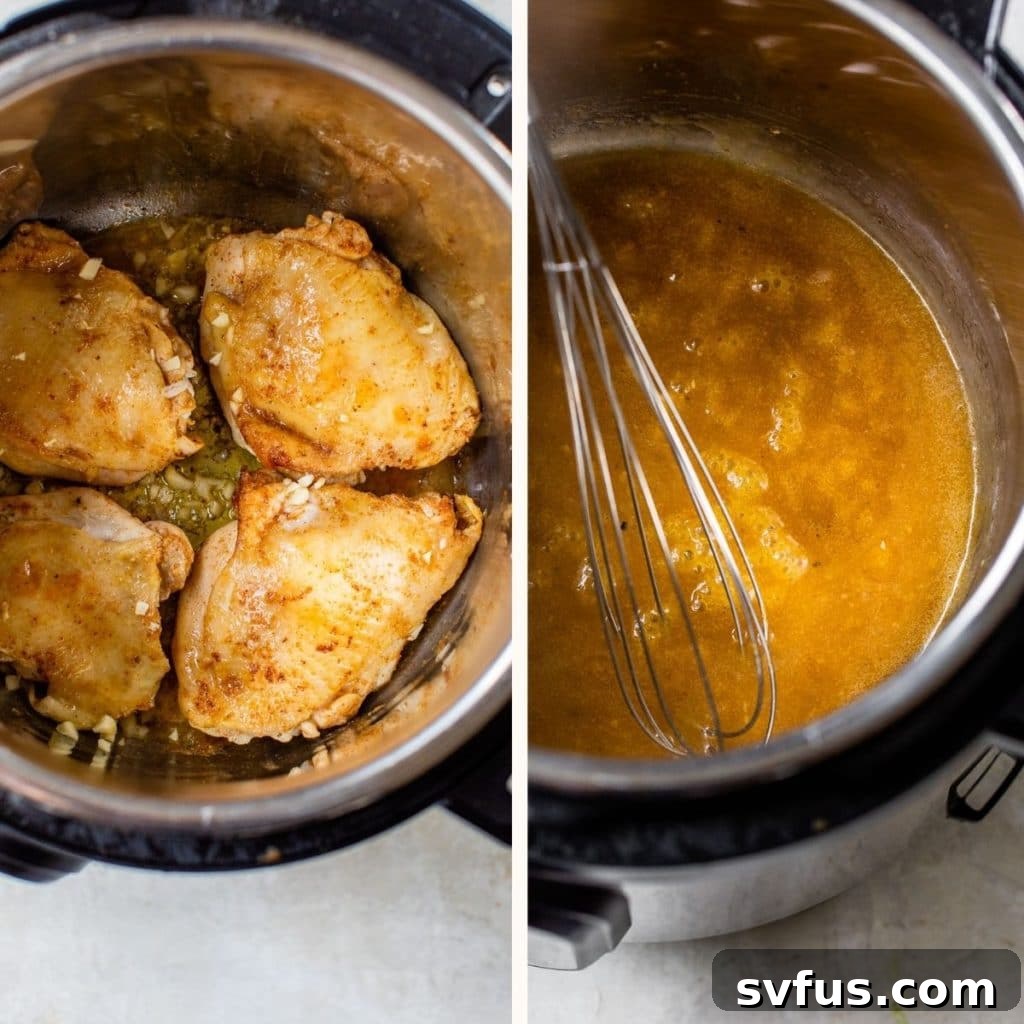 Two images: chicken thighs cooking in the Instant Pot and rich gravy in the Instant Pot