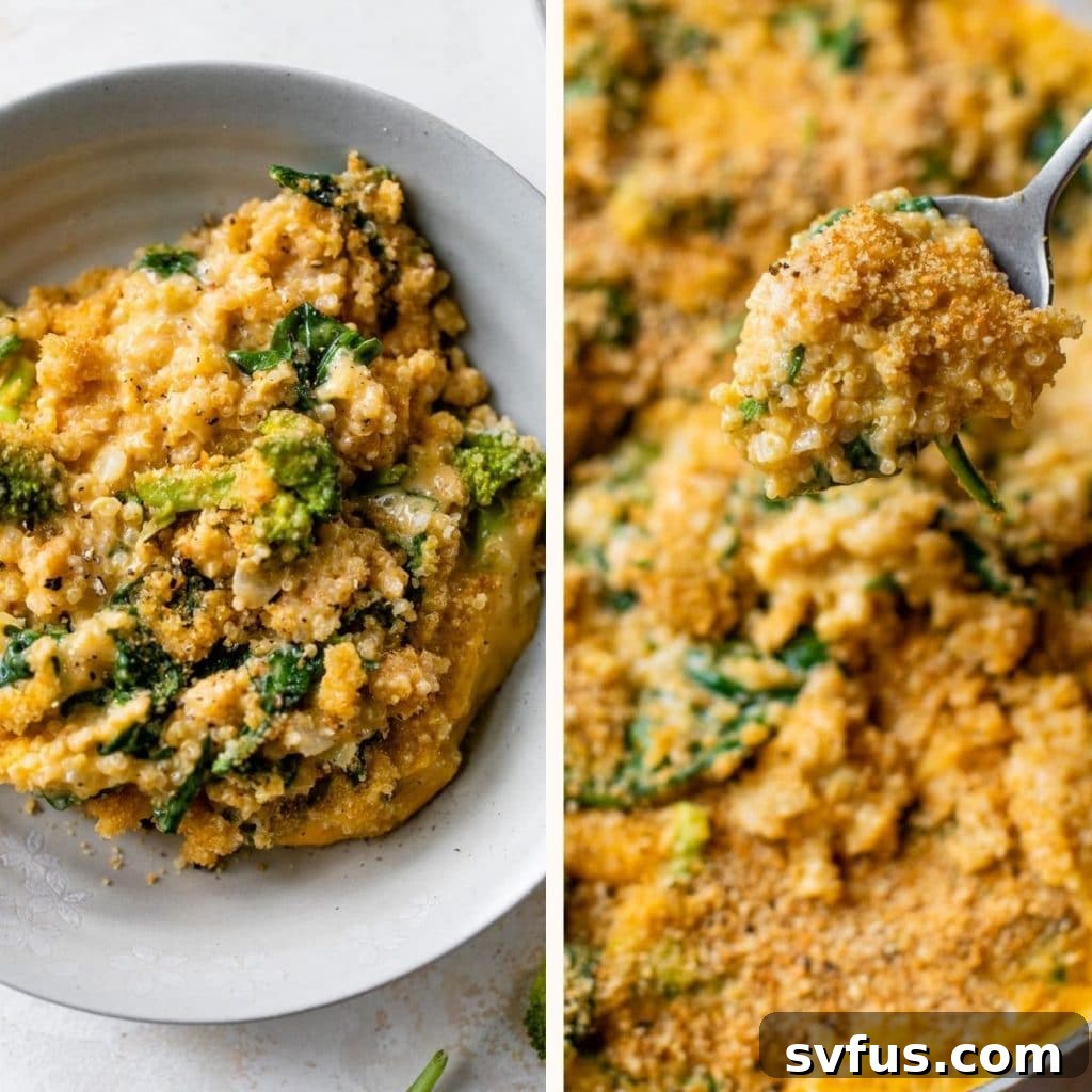 cheesy quinoa in a bowl and on a spoon with breadcrumbs