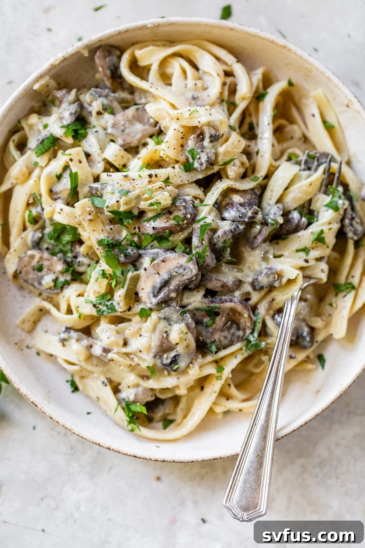 A beautifully plated bowl of creamy vegan mushroom pasta, ready to be savored, topped with fresh herbs.