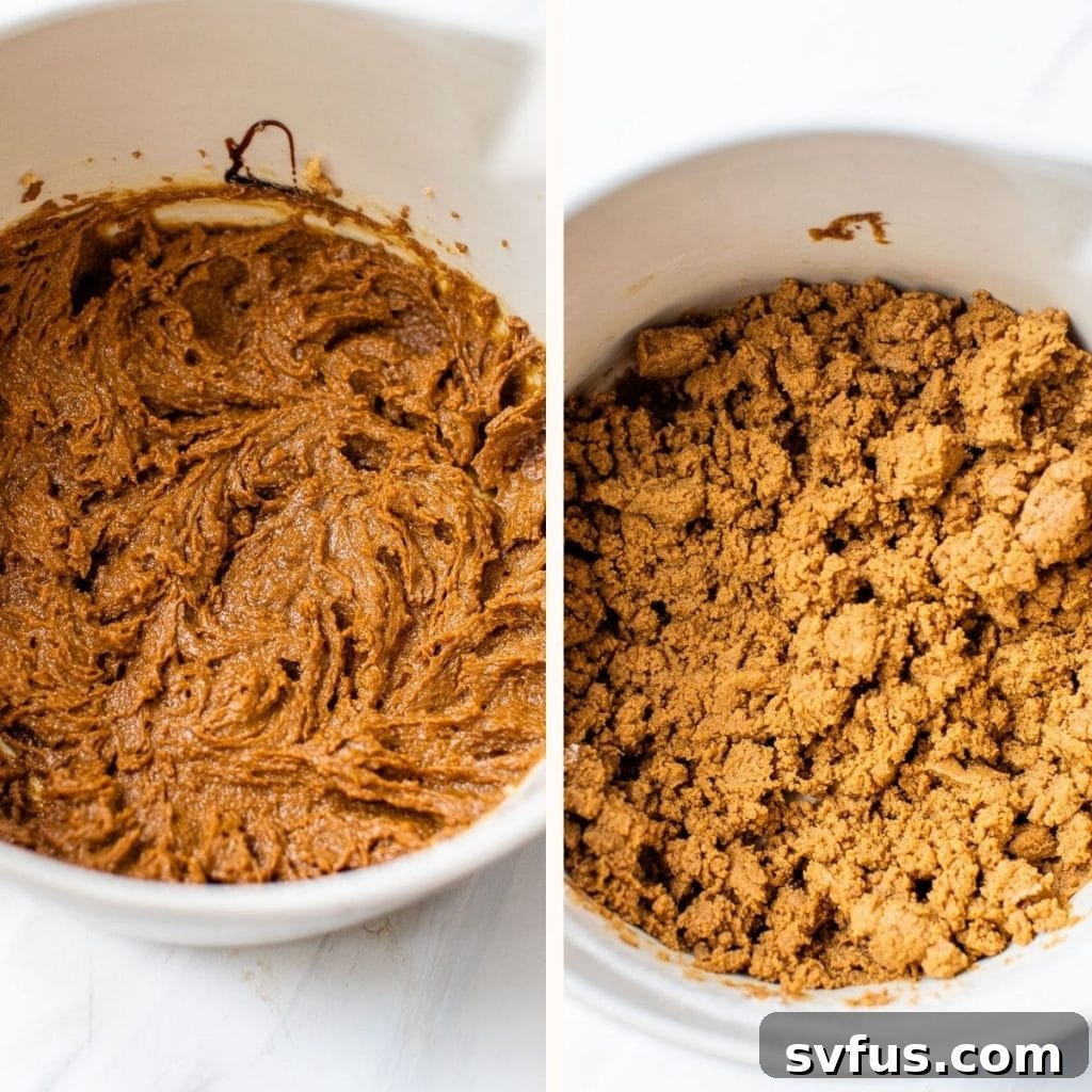 A close-up shot of raw vegan ginger cookie dough in a large white mixing bowl, showing its clumpy but ready-to-roll texture.