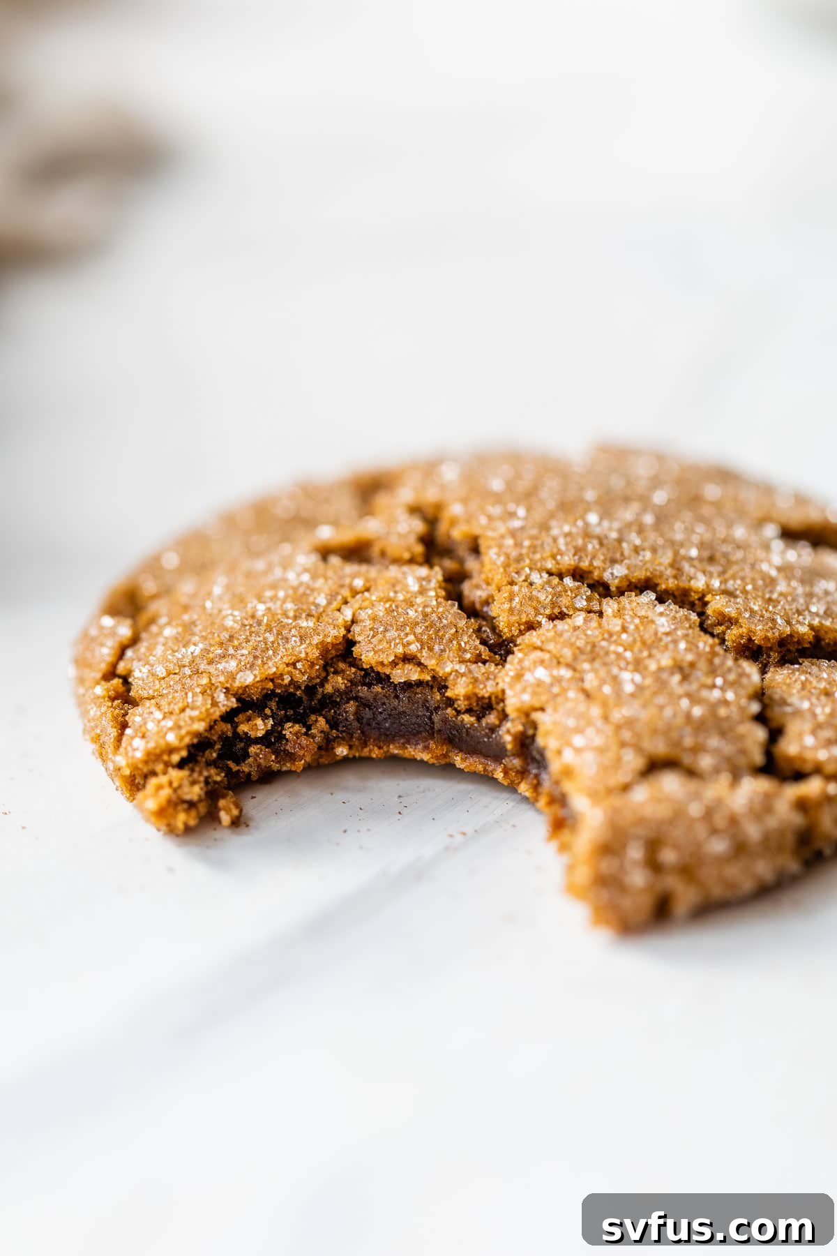 A single vegan ginger cookie with a small bite taken out, showcasing its tender, moist interior and crinkled sugary exterior.