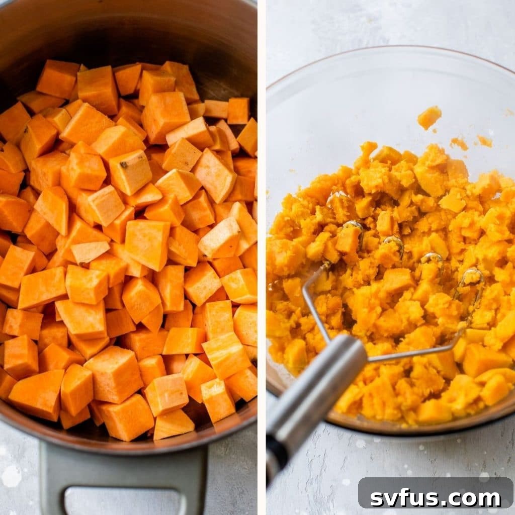A two-part image showing diced raw sweet potatoes in a pot on the left and a bowl of mashed sweet potatoes on the right, illustrating the transformation.