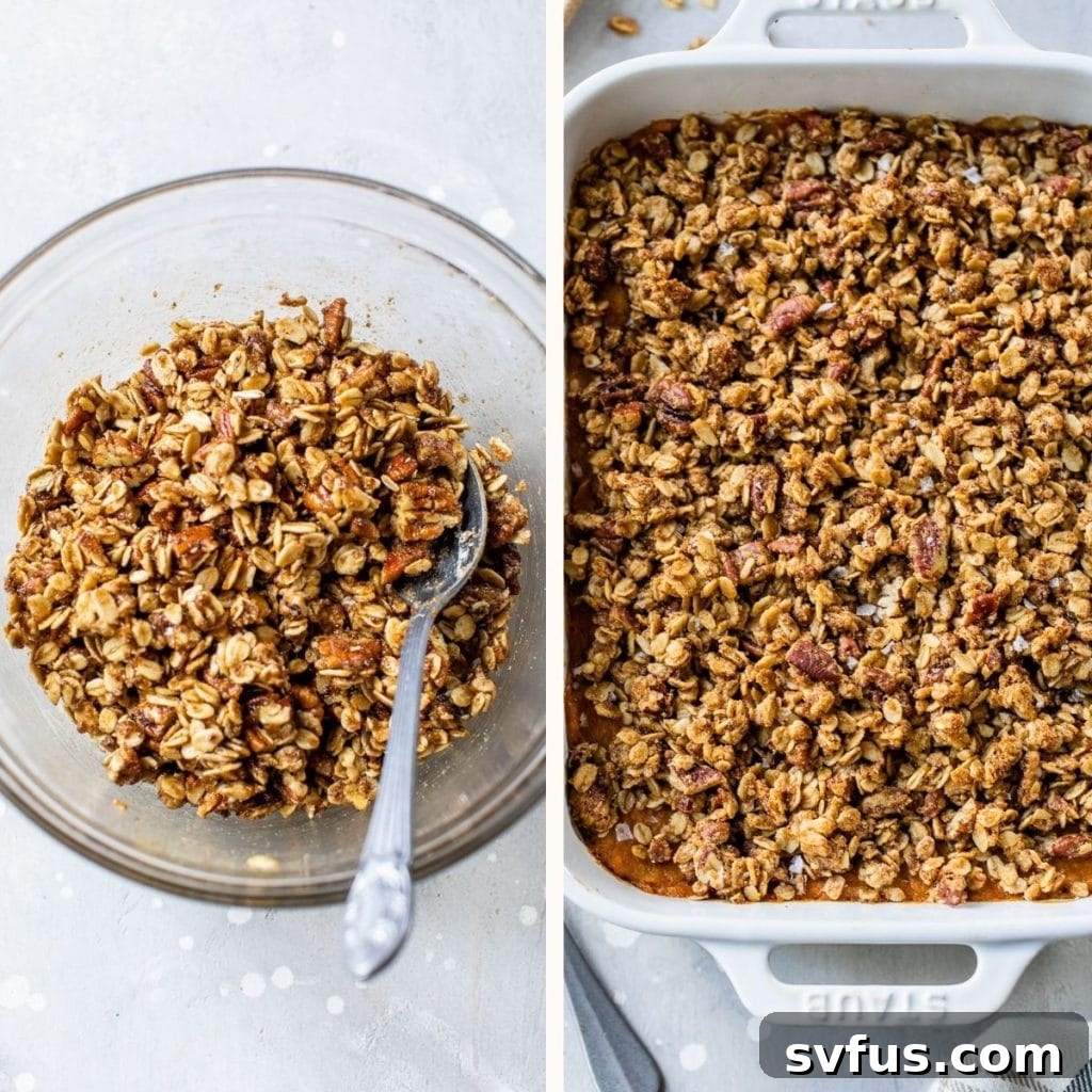 A two-part image: on the left, a small glass bowl holds a mix of oats and pecans for the crumble; on the right, the crumble topping is evenly distributed over mashed sweet potatoes in a casserole dish.