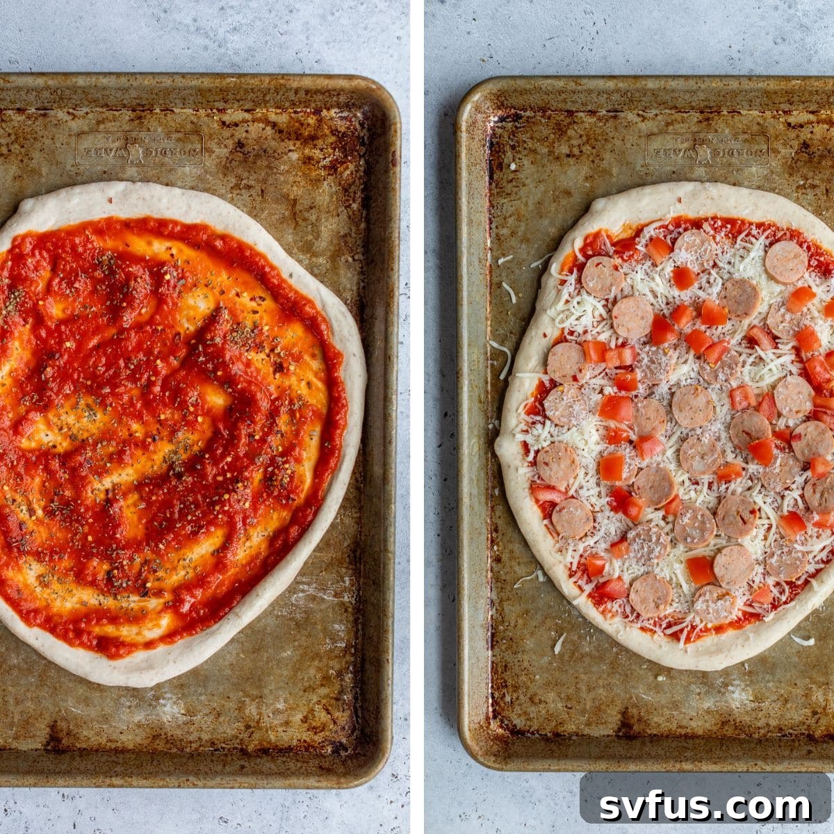 2 images: the left image shows sauce added to pizza dough and the right image shows cheese, sausage, and peppers added on top
