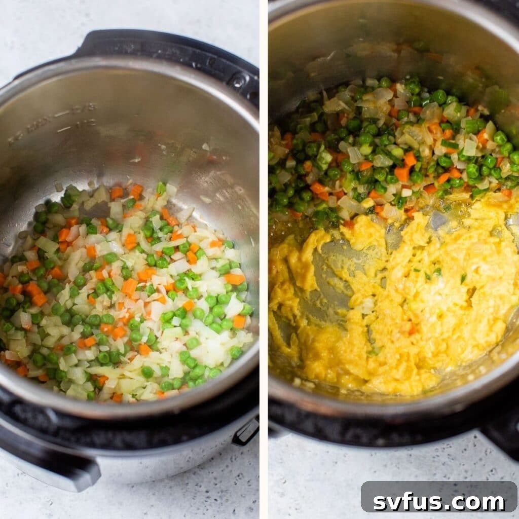 Close-up of sautéed vegetables and fluffy scrambled eggs mixed together in the Instant Pot.