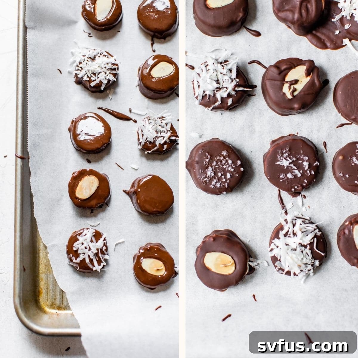 A baking sheet filled with an array of perfectly coated chocolate peanut butter banana bites, sprinkled with shredded coconut, resting on parchment paper, ready for freezing.