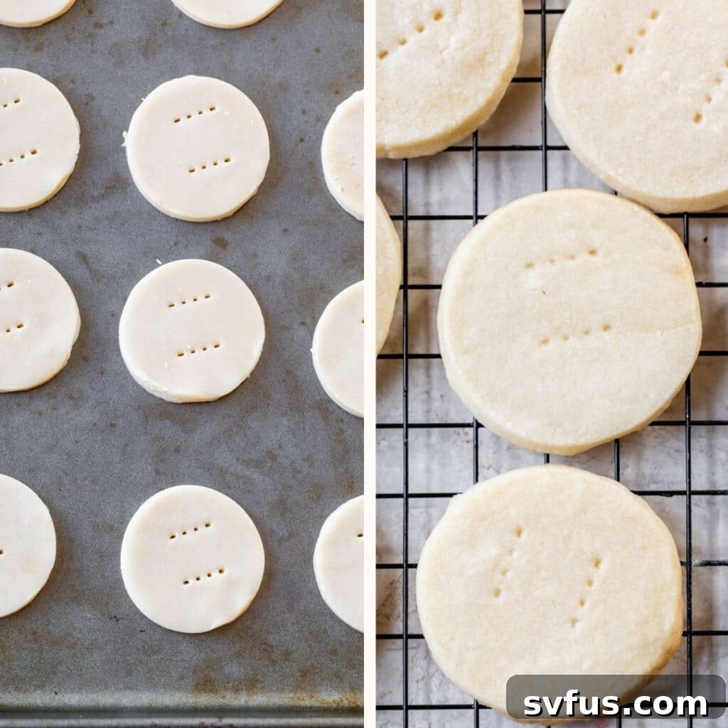 Unbaked cookies on a baking sheet and baked cookies on a cooling rack, showing the before and after.