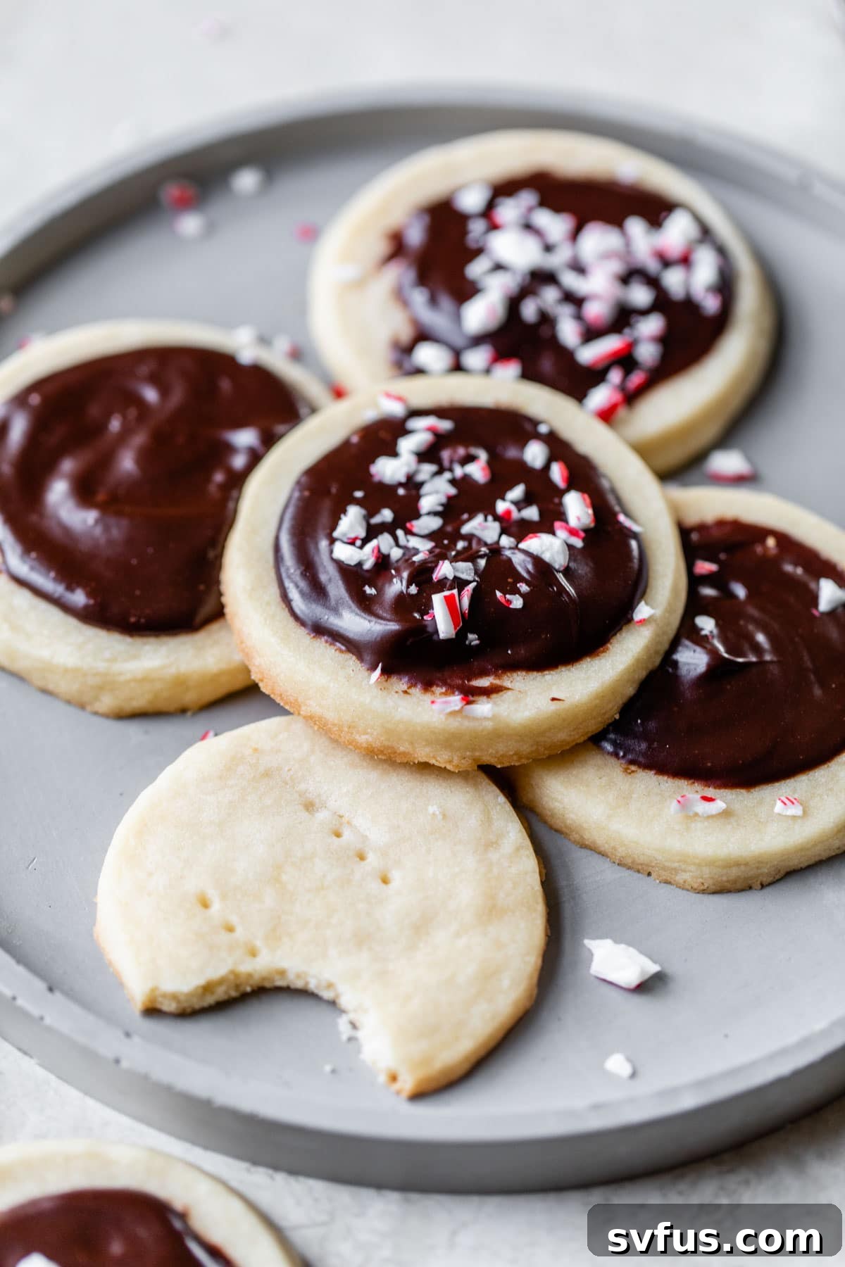 Shortbread cookies topped with chocolate icing and candy cane pieces, presented beautifully.