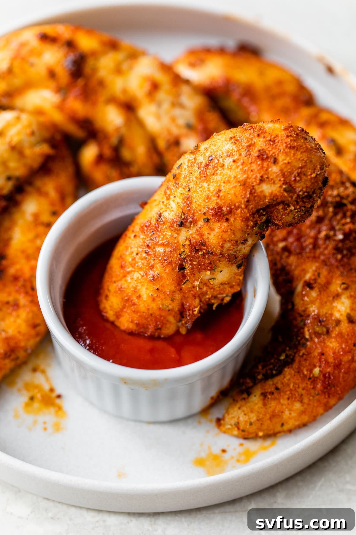 A crispy chicken tender being dipped into a dollop of vibrant red ketchup
