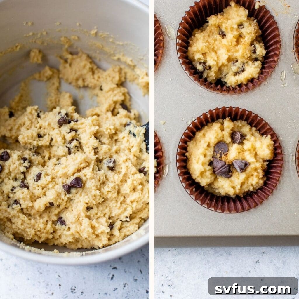 muffin batter in a bowl and in a muffin tin