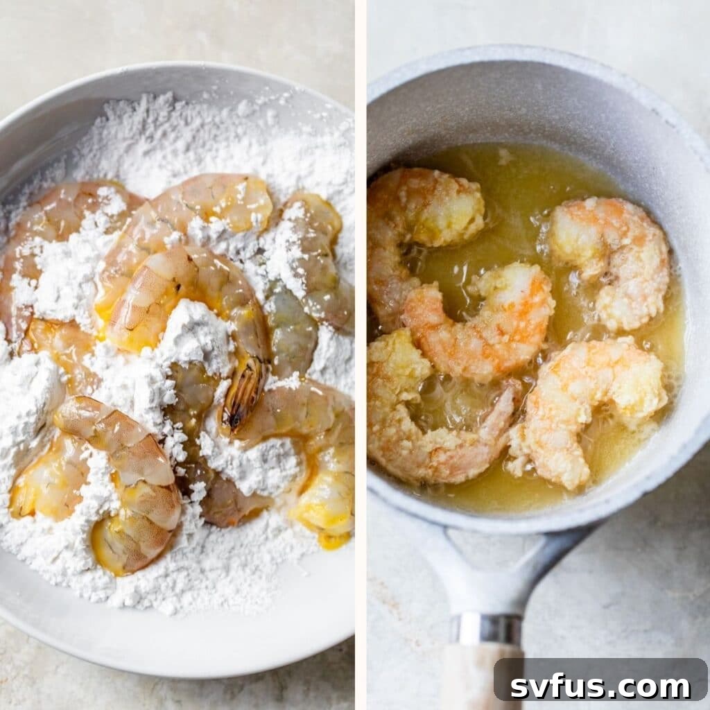 shrimp covered in flour and being fried in oil