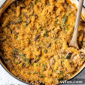 tuna noodle casserole in a round deep skillet