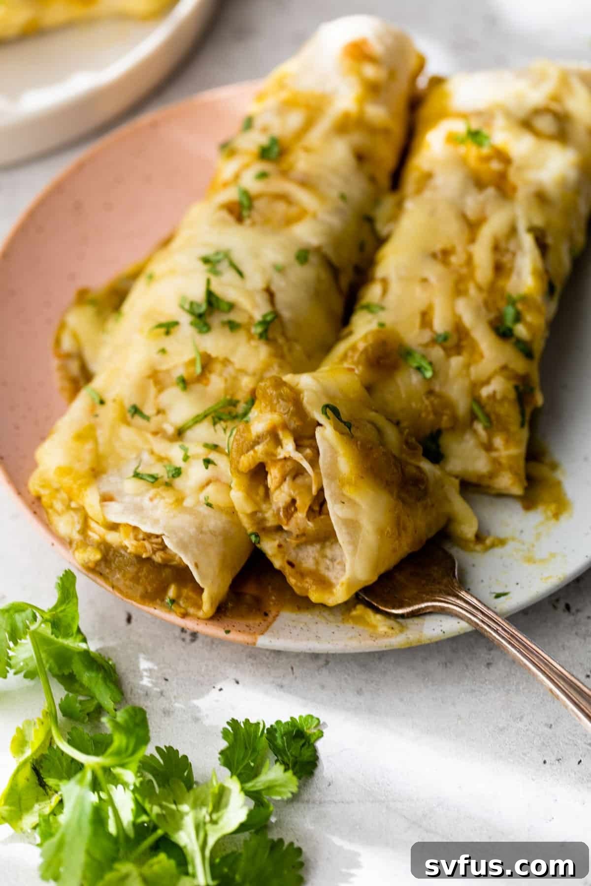 Two generously filled green chicken enchiladas resting on a plate, ready to be enjoyed with a fork.