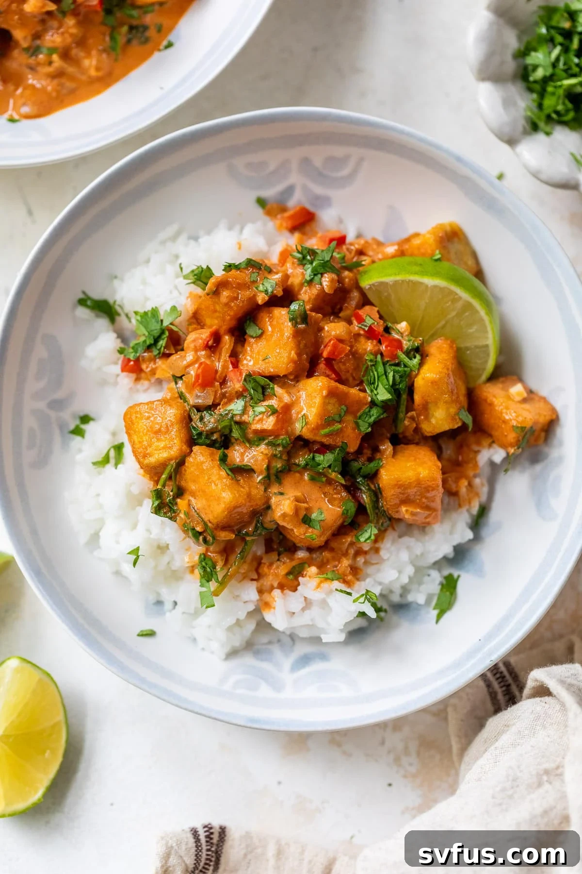 A pristine white bowl filled with aromatic tofu curry, perfectly served over fluffy white rice and garnished with fresh cilantro.