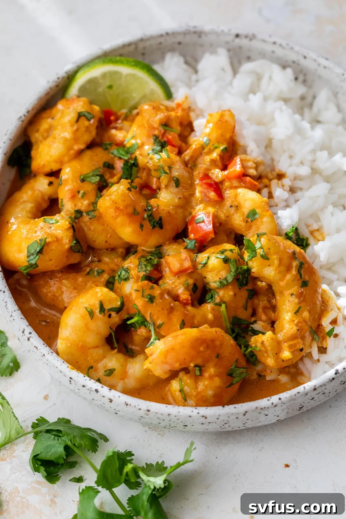 Succulent coconut curry shrimp served alongside a bed of fluffy rice, glistening with a creamy, aromatic sauce.