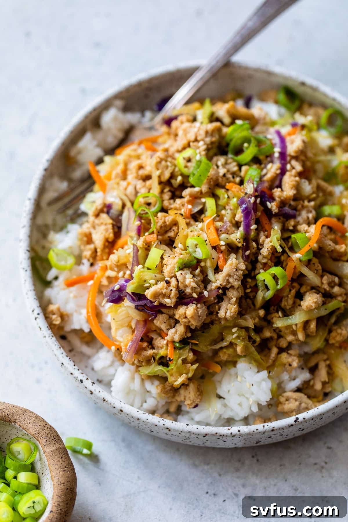 A delectable Egg Roll in a Bowl, garnished with freshly sliced green onions and a fork, ready to be enjoyed.
