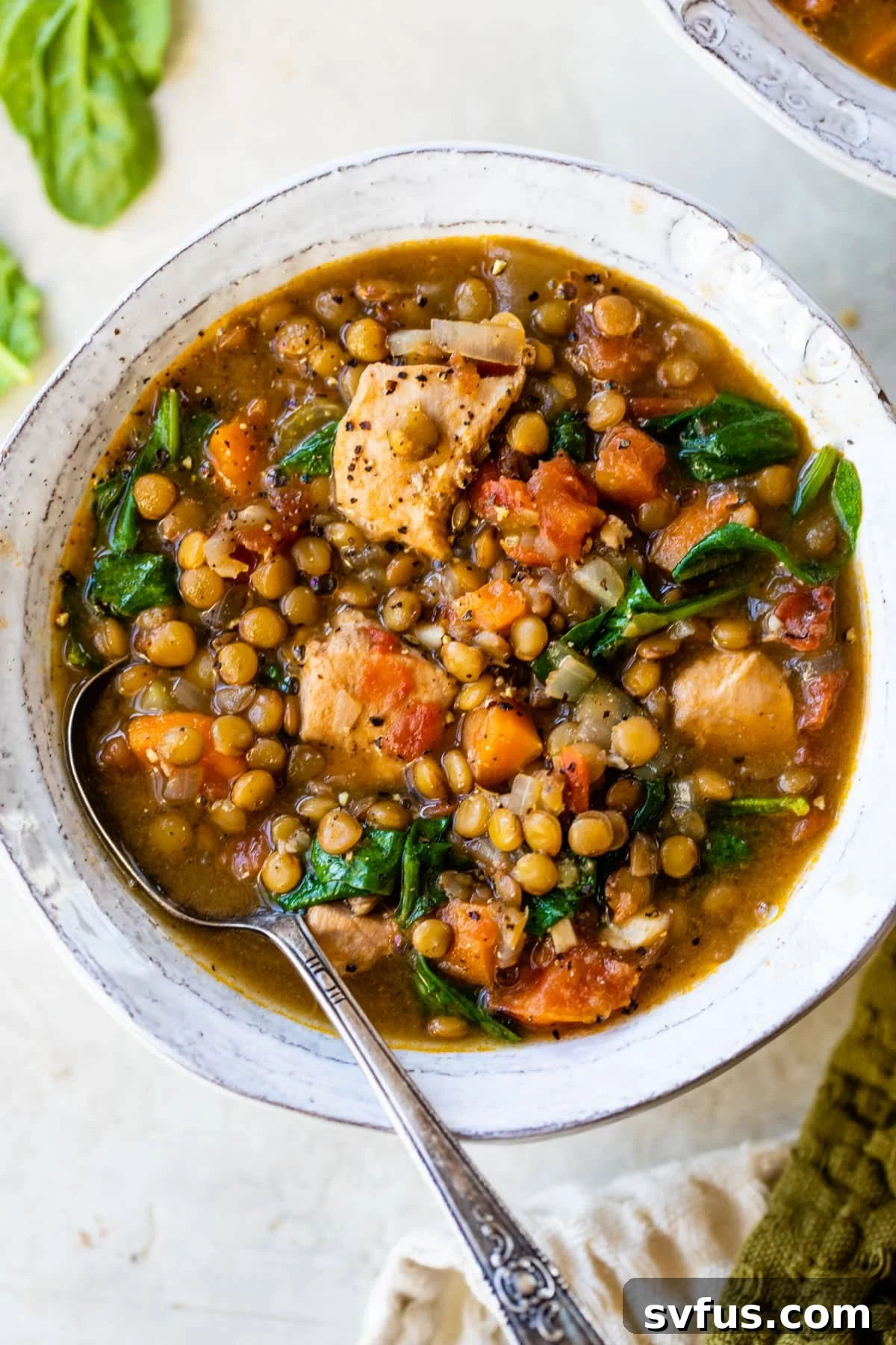 A comforting bowl of chicken lentil soup, generously garnished with cooked diced chicken, vibrant green onions, and fresh vegetables.