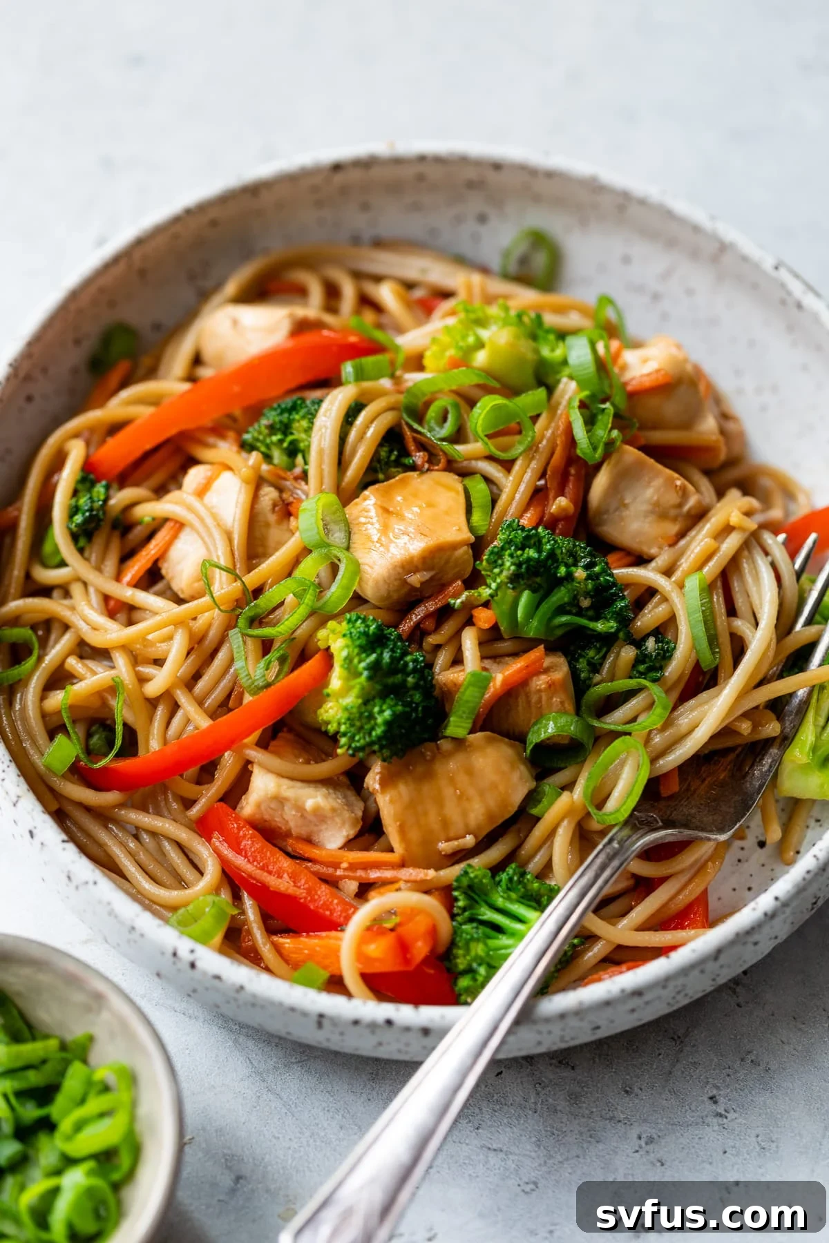 A tempting bowl of chicken lo mein, featuring perfectly tossed noodles, chicken, and vegetables, with a fork poised for enjoyment. A great takeout-inspired dinner!