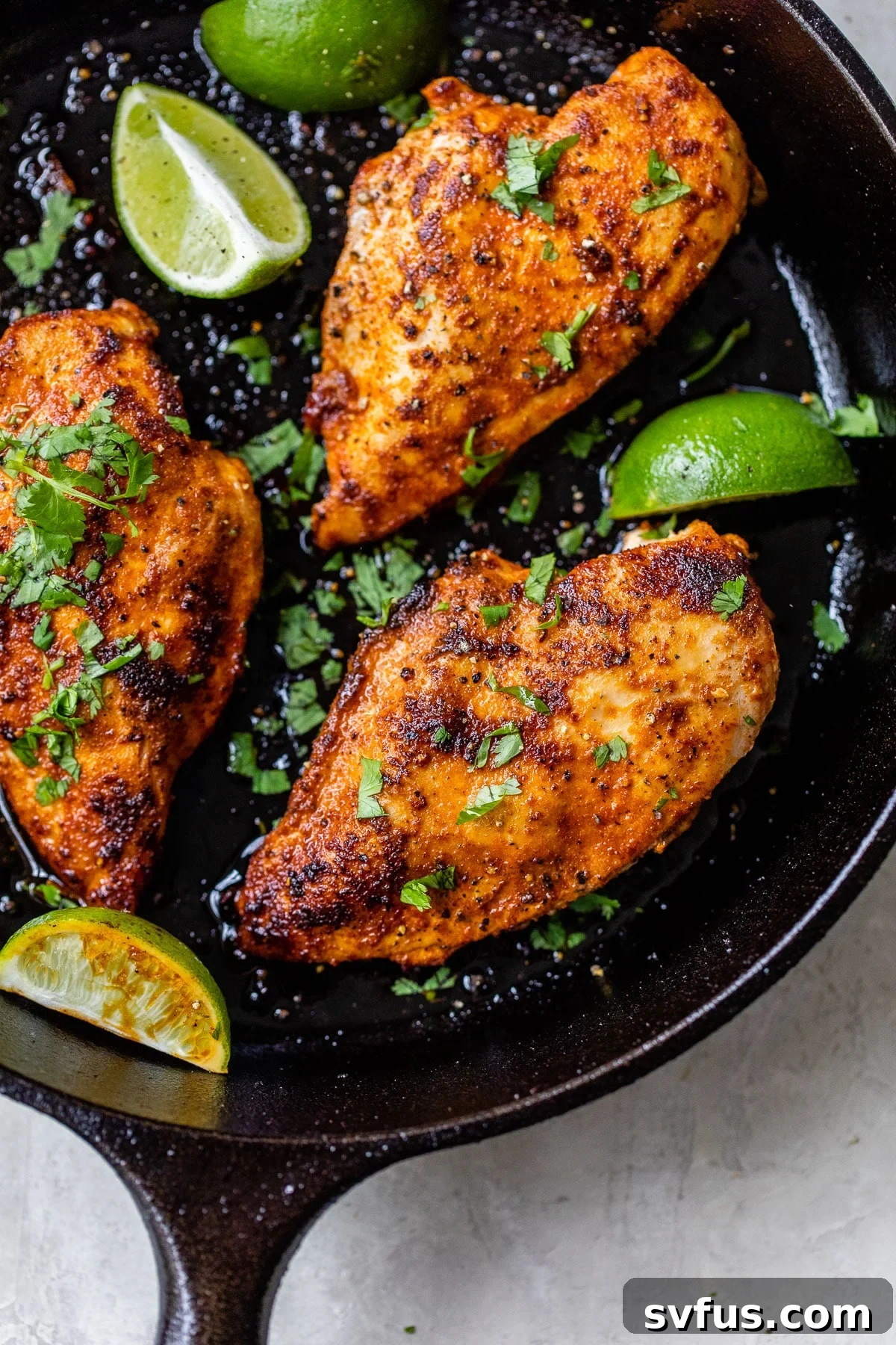 A perfectly charred and seasoned chicken breast resting in a cast iron skillet, accompanied by fresh lime wedges for serving.