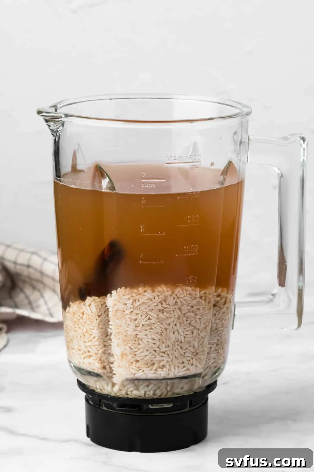 Side view of the soaked horchata ingredients inside a large blender, prior to blending.