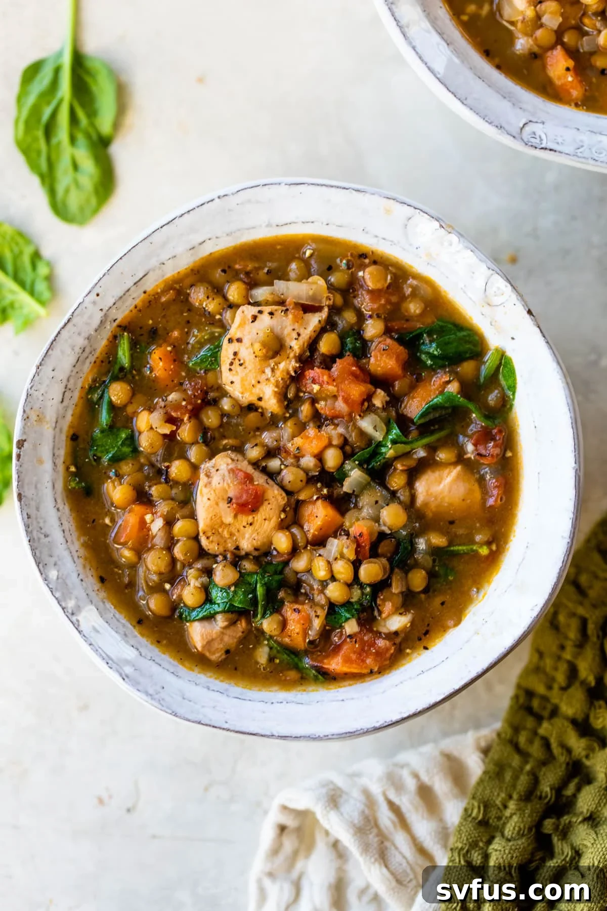 A comforting bowl of Chicken Lentil Soup with diced chicken and cooked green lentils.