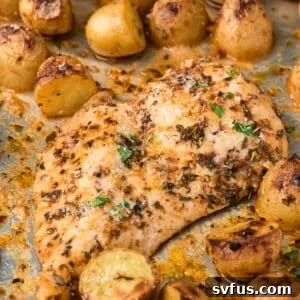 Close up on a roasted chicken breast surrounded by perfectly roasted potatoes on a sheet pan, beautifully garnished with fresh lemon wedges.