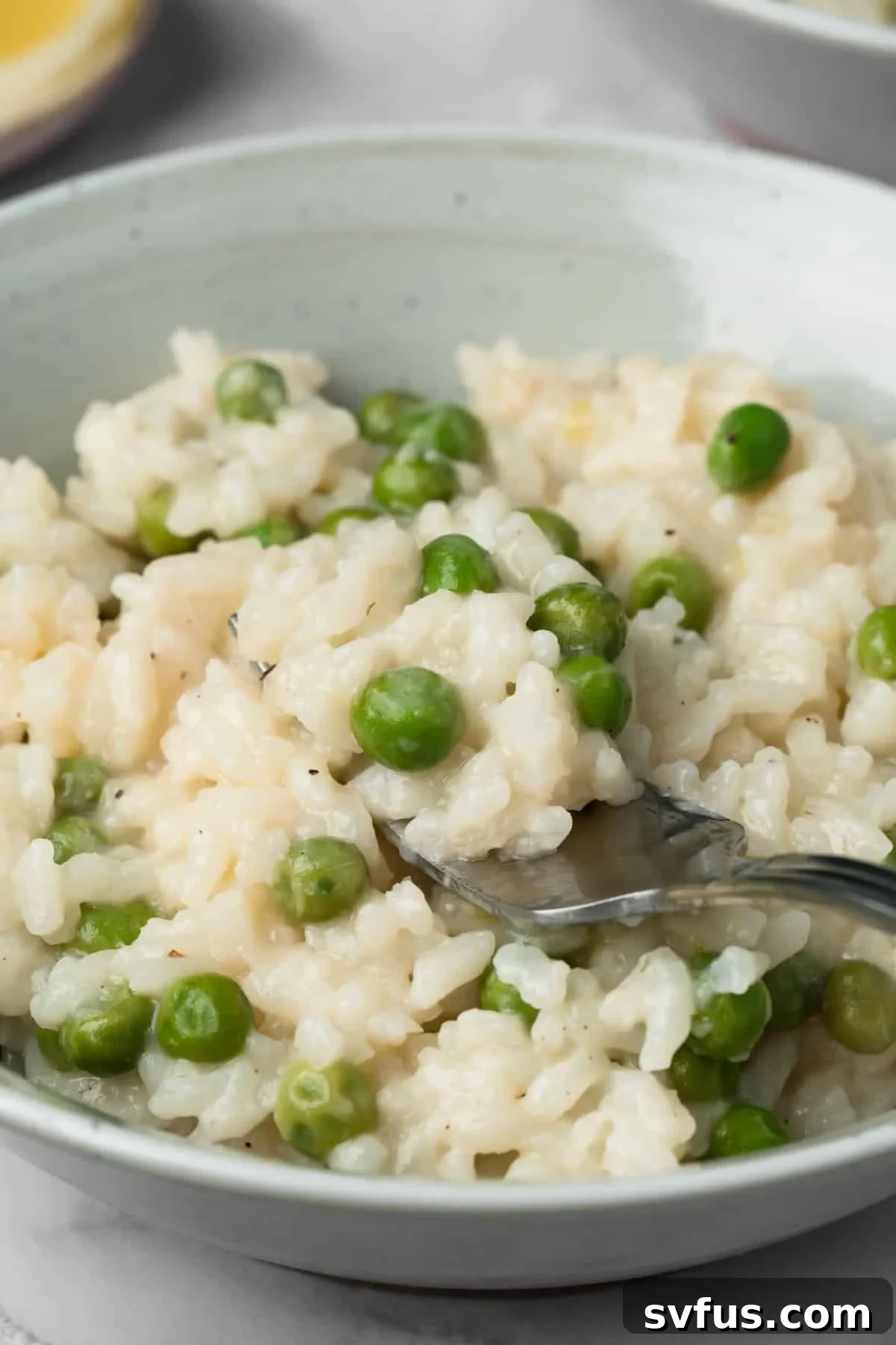 Side view of a fork scooping into a bowl of creamy baked risotto, showing its inviting texture.