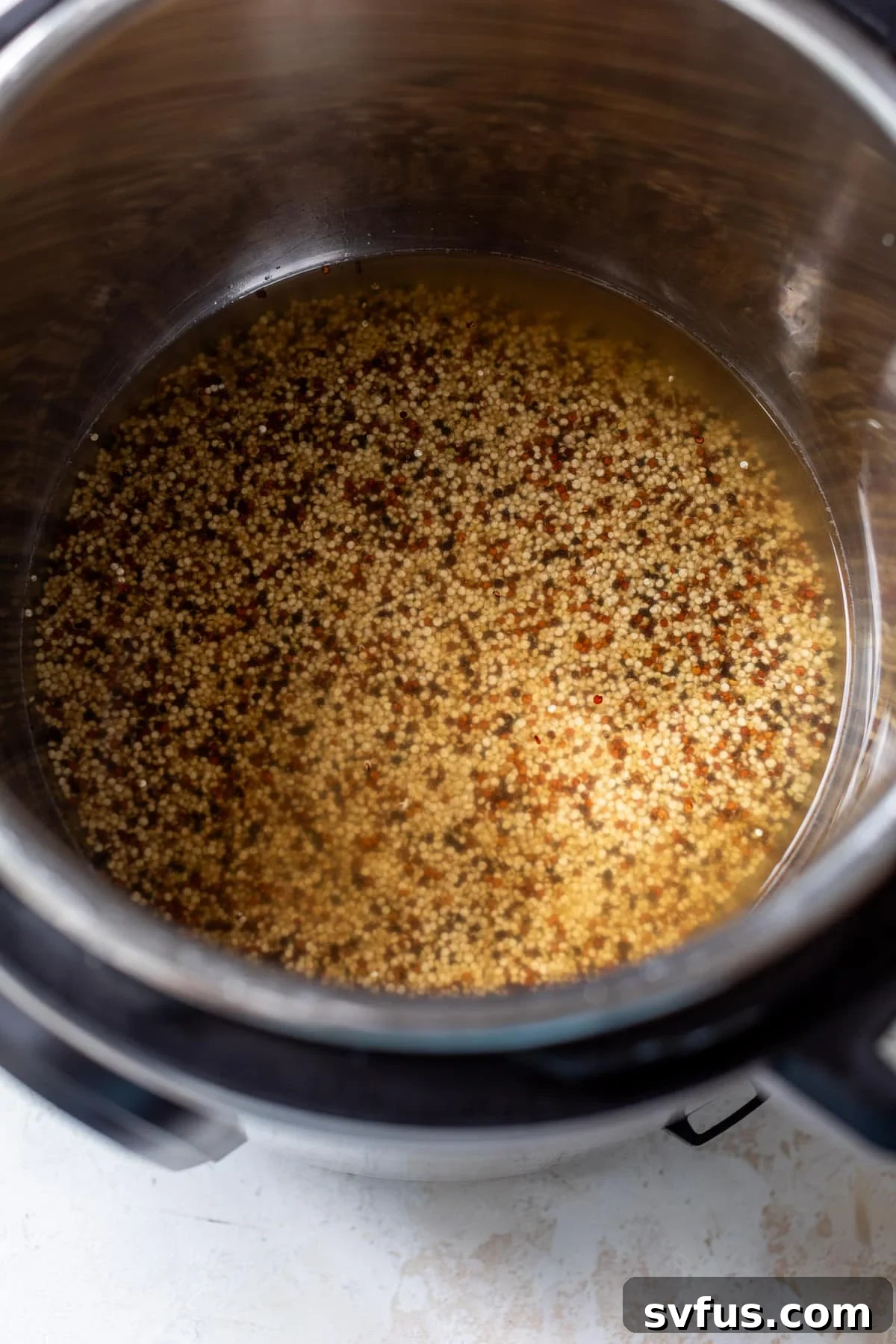 Overhead view of uncooked quinoa and broth measured precisely in an Instant Pot before cooking.