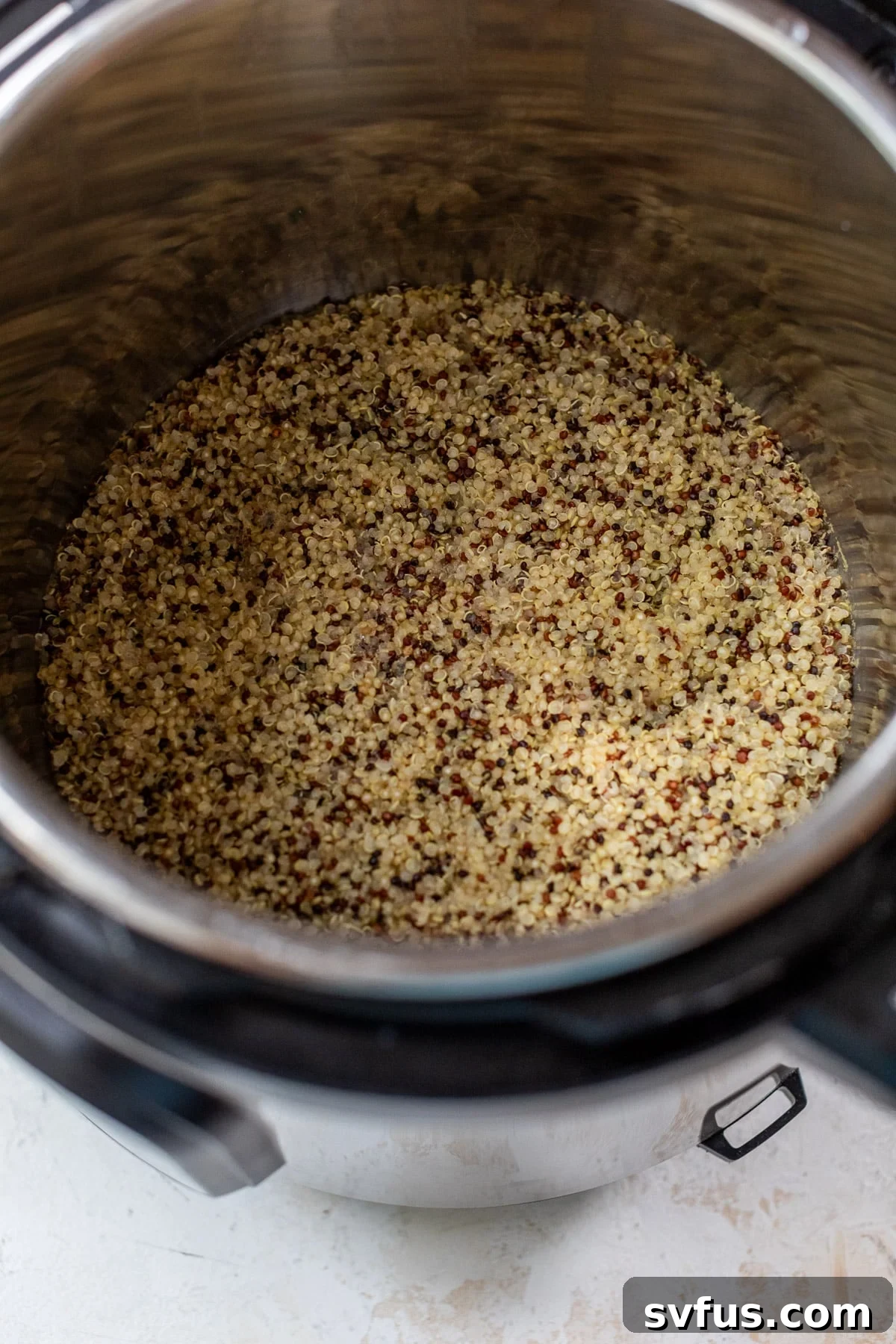Overhead view of freshly cooked and fluffed quinoa in an Instant Pot, ready to be seasoned.