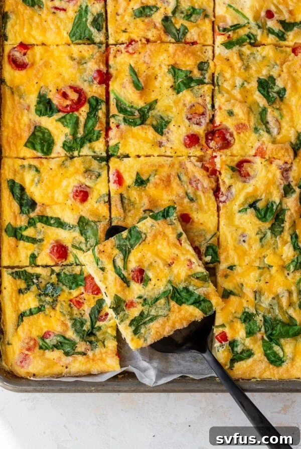 overview of sheet pan eggs sliced into squares
