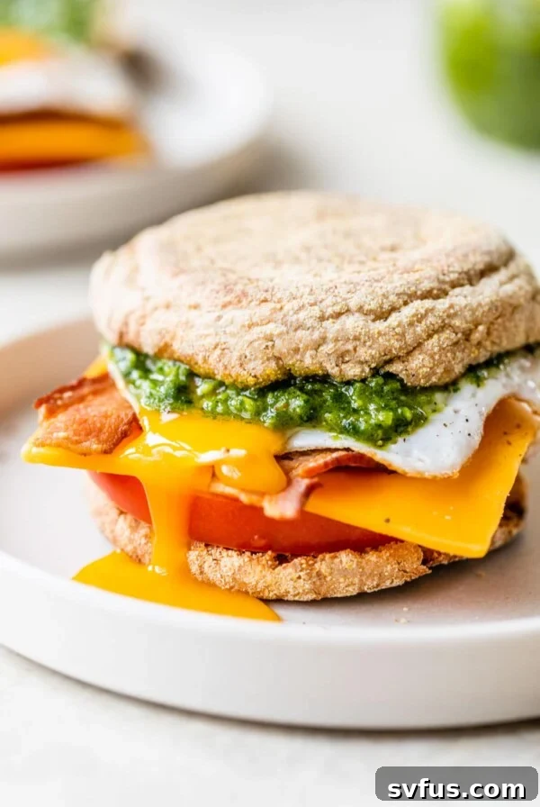 english muffin on a plate topped with tomato, sliced cheese, fried egg, and bacon