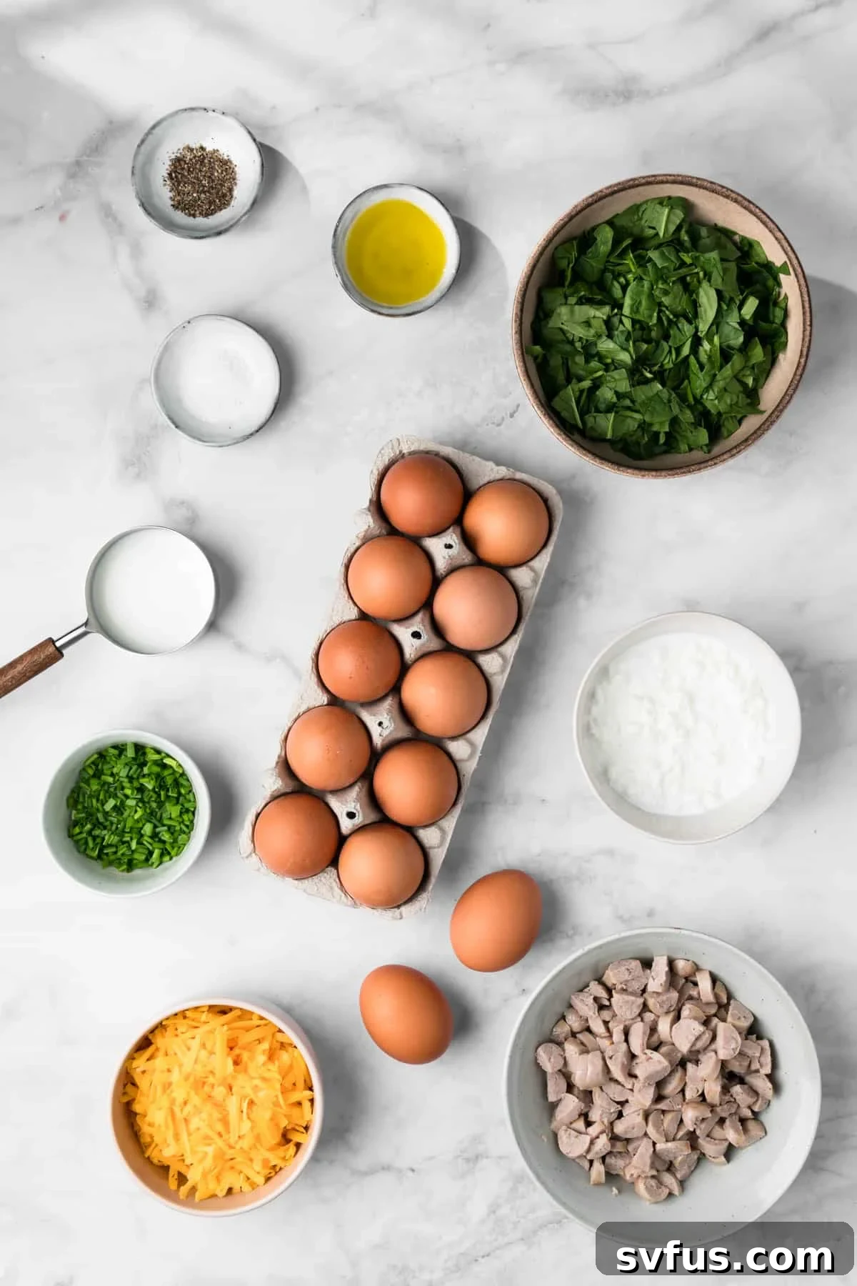overhead view of the ingredients for high protein egg muffins.