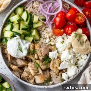 overhead view of an assembled Mediterranean Chicken Bowl.